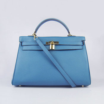Hermes Kelly 35Cm Togo Leather Handbag Blue/Gold